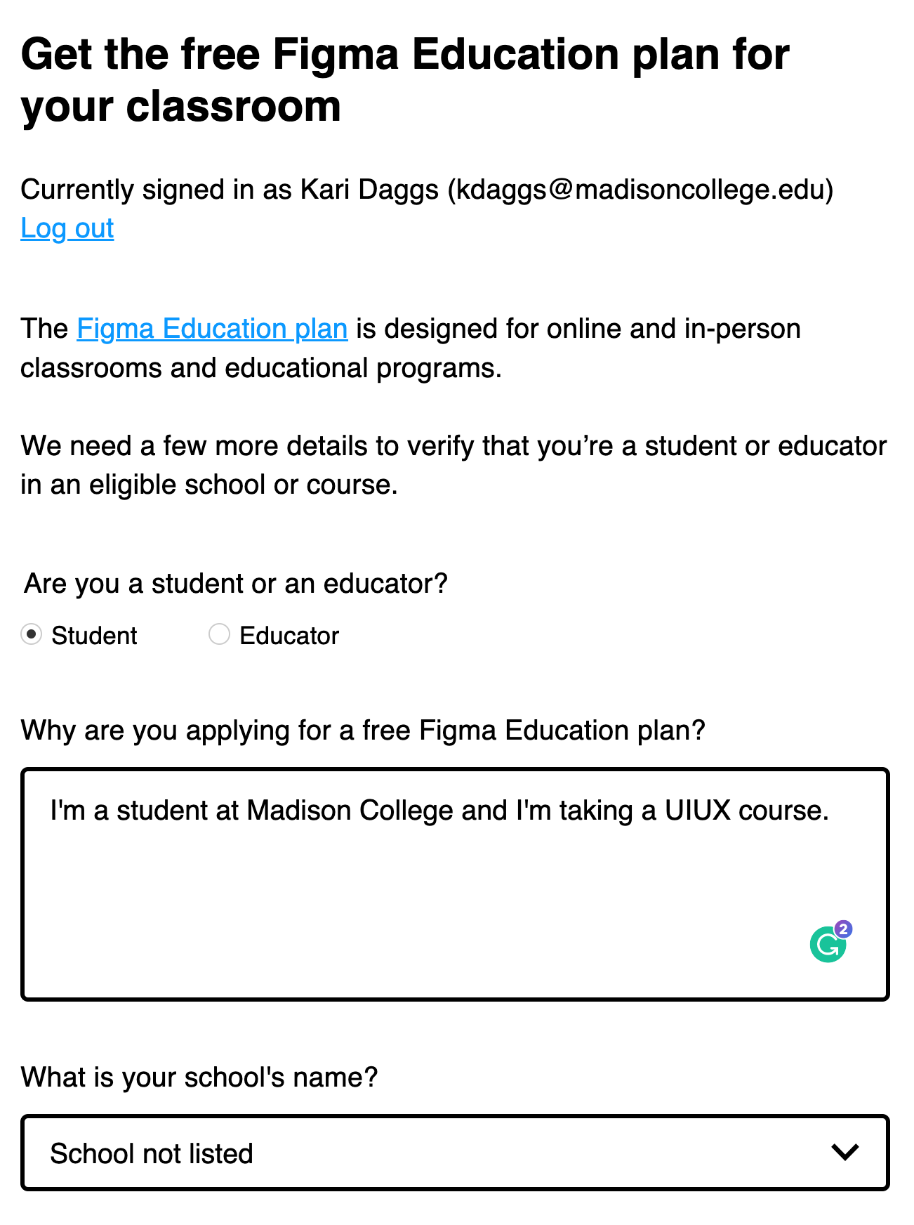 Figma verify student form