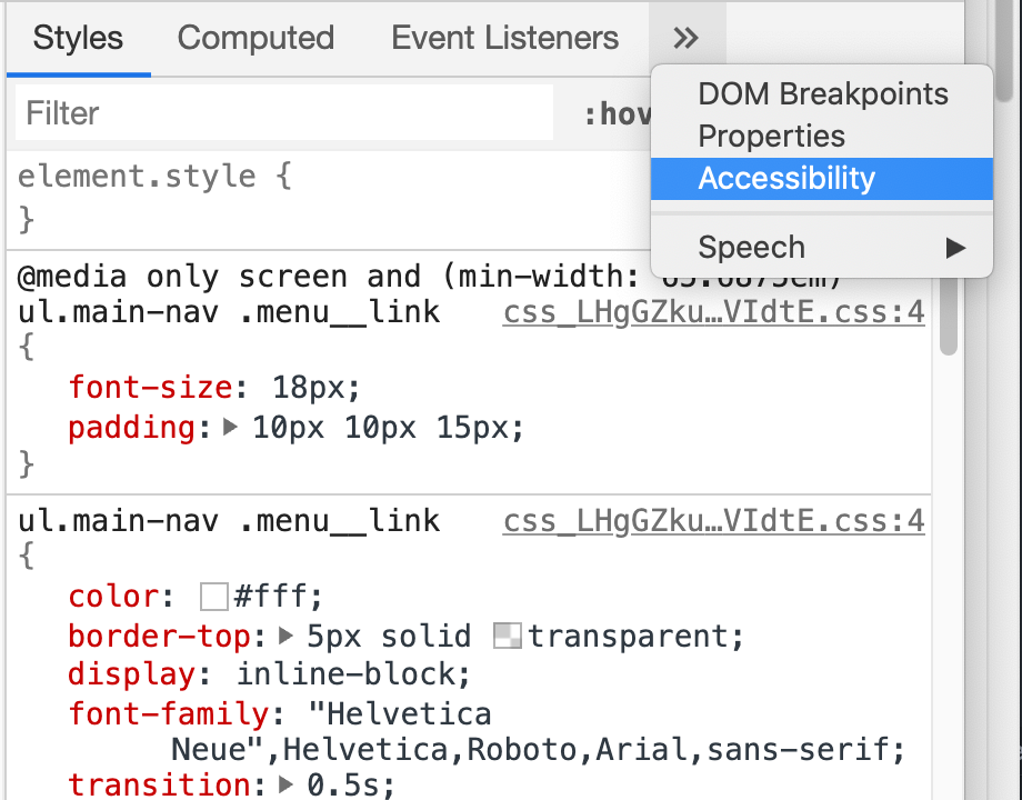 Access the accessibility panel in the developer tools