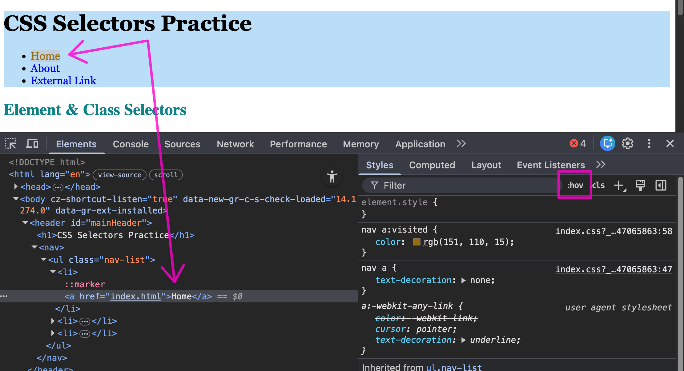 The :hov panel in the Styles panel